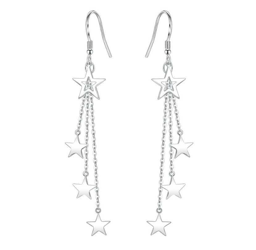Women 925 Silver Plated Hanging Tassel Chain Stars Dangle Drop Stud Earrings C17