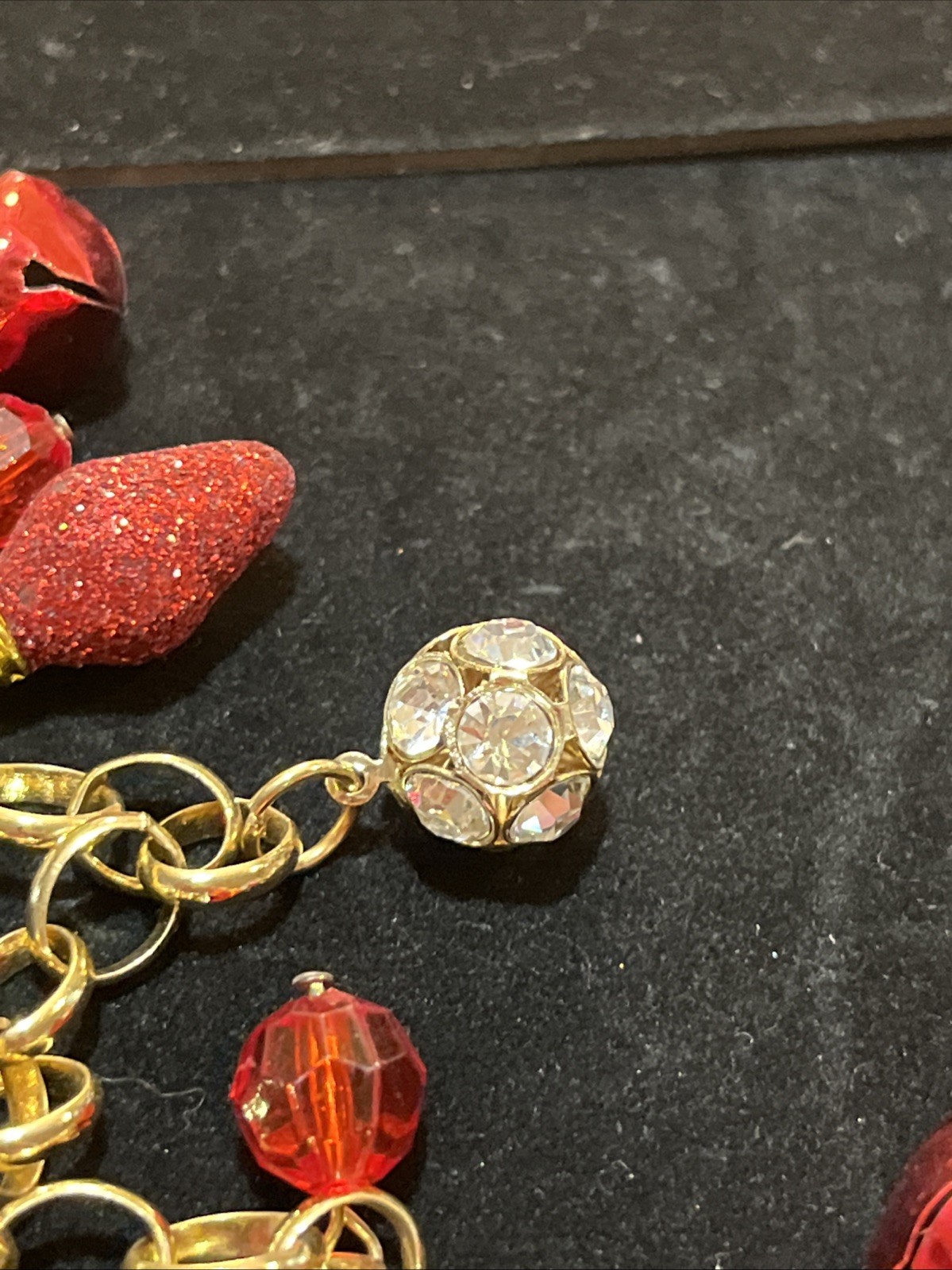 Holiday Lane Christmas Necklace Gold Tone Crystals Bells Lights Jingle Bells