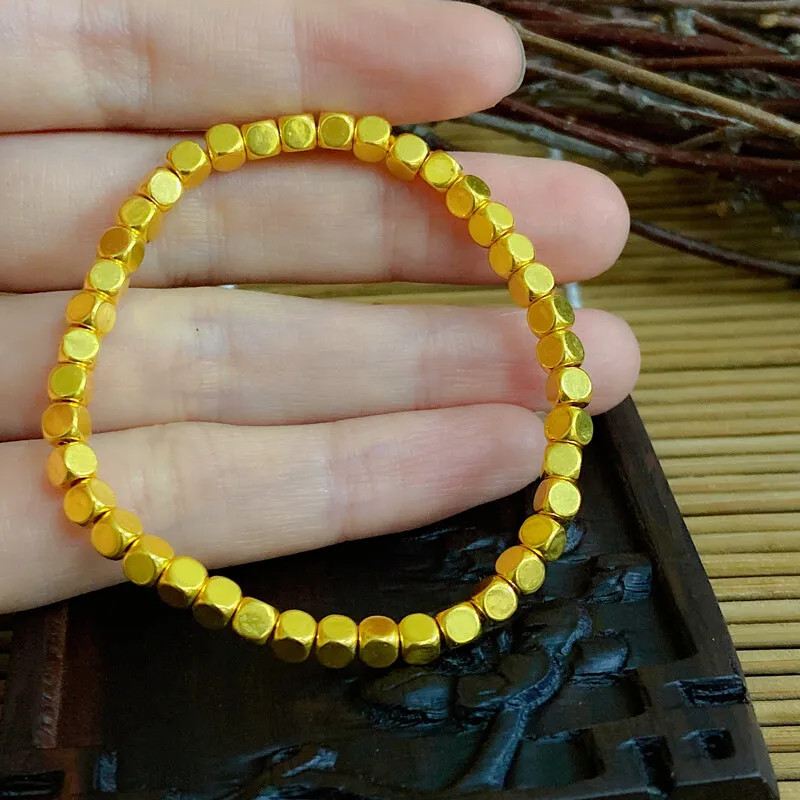 Pure 999 24K Yellow Gold Men Women Lucky 3D 4mm Square Beads Bracelet