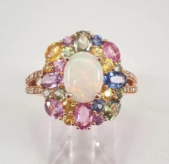 14K Rose Gold Plated 3Ct Oval Opal Multi Color Sapphire Halo Engagement Ring