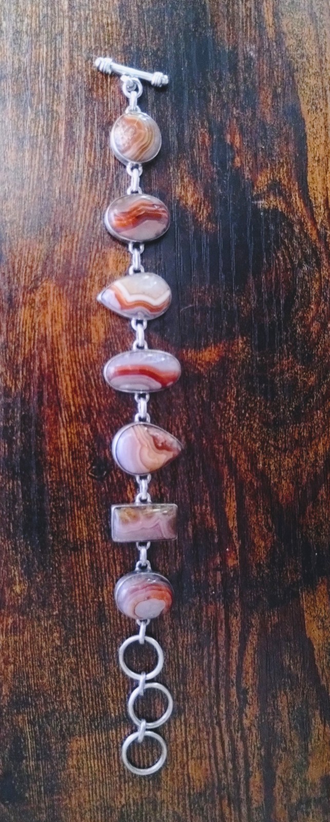 Natural SJ Red Banded Agate Stone Sterling Silver Sajen Toggle Bracelet 7-9in