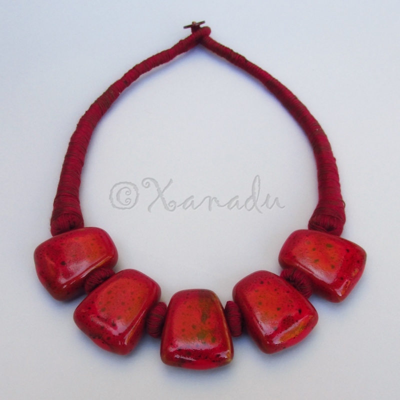 Crimson Red Porcelain Necklace With Eclectic Maroon Red Cotton Thread Chain
