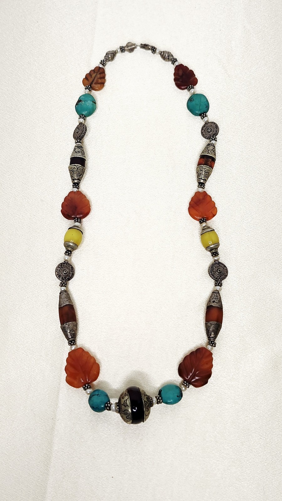 Vintage Tibetan Himalayan Tribal Beaded Statement Necklace Carnelian Turquoise