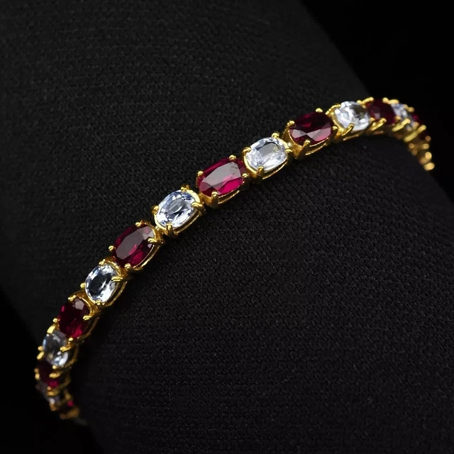 5CT Oval Cut Lab Created Ruby &Diamond Tennis Bracelet 14k Yellow Gold Plated