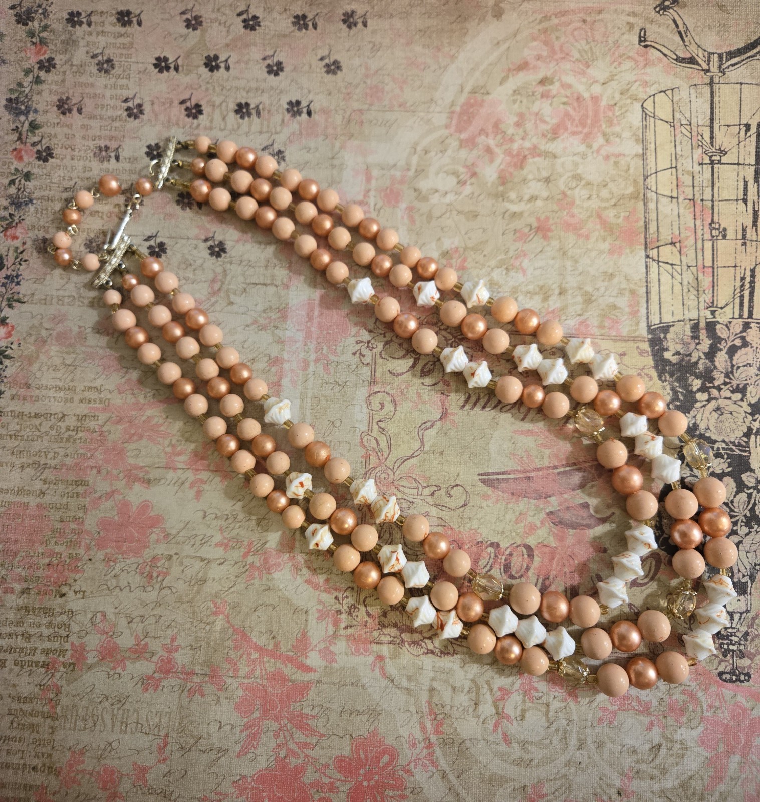 Vintage Japan Triple Strand Bead Necklace with Gold Tone Peach & Cream 19 In