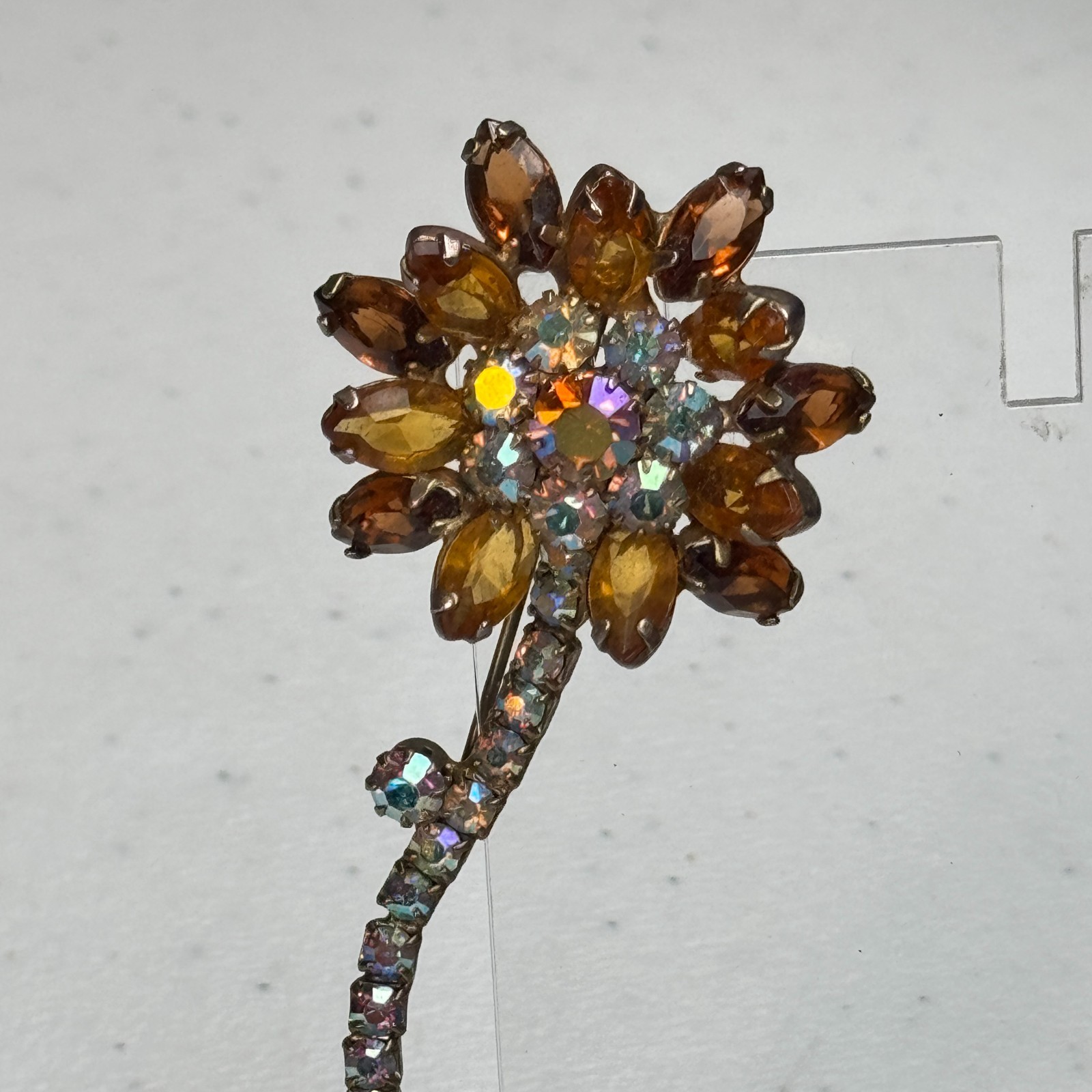 Vintage Brooch Brown Rhinestone Flower AB Stem Daisy MCM 50s 60s