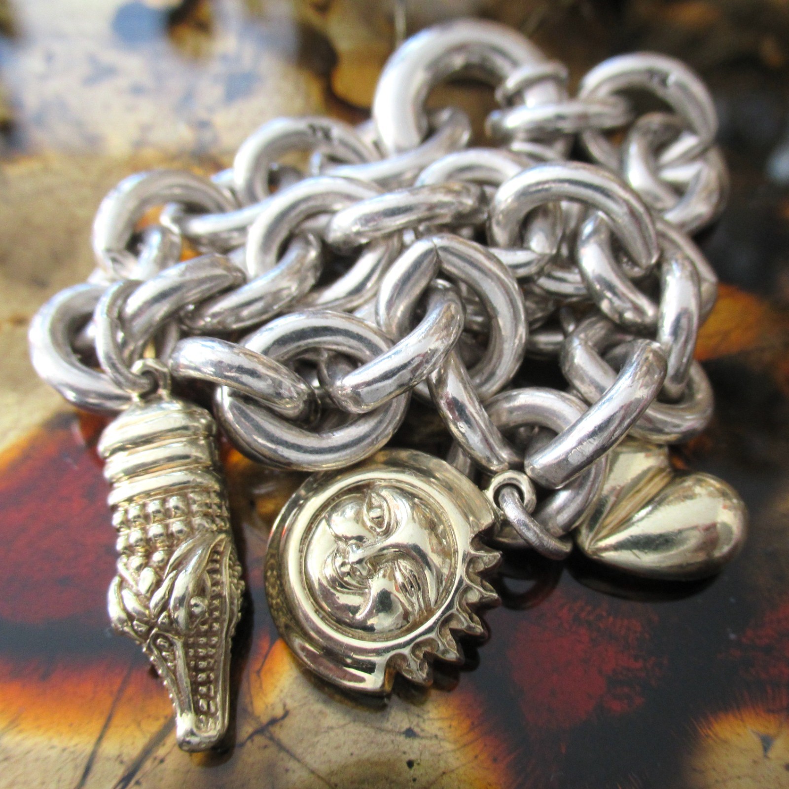 Barry Kieselstein Cord Solid 14k Gold & Sterling Charm Bracelet Alligator Heart