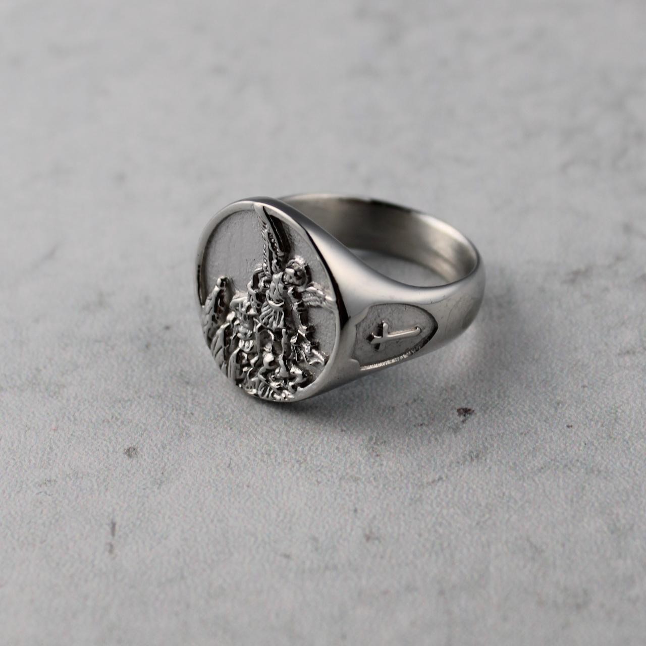 Silver Saint Michael Signet Ring Circle Cross Stainless Steel