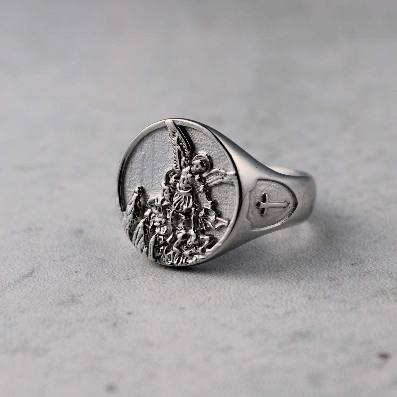Silver Saint Michael Signet Ring Circle Cross Stainless Steel