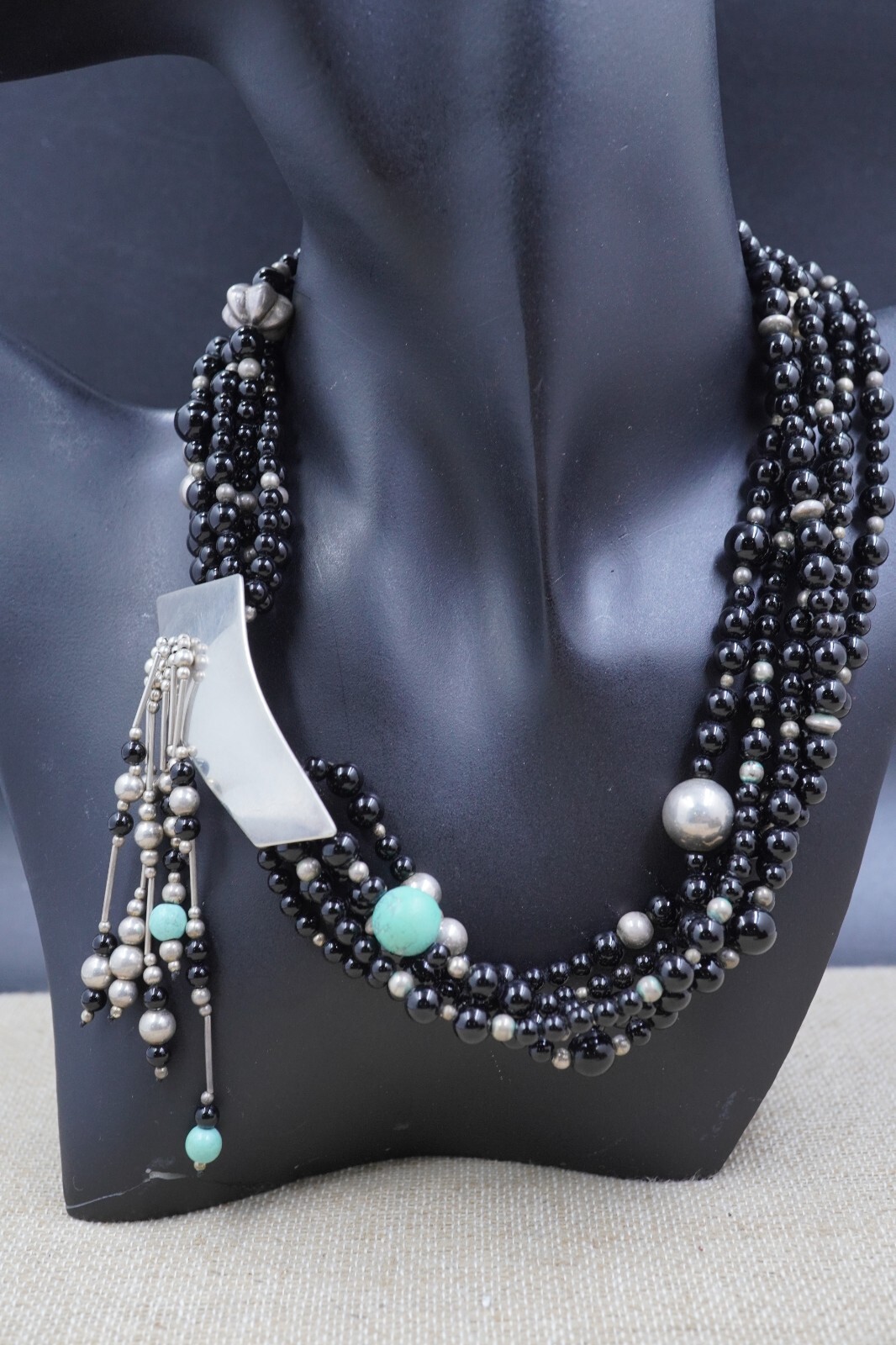 SUSAN CUMMINGS Sterling 3 Multi Strand Black Onyx Bead Necklace Pendant Signed