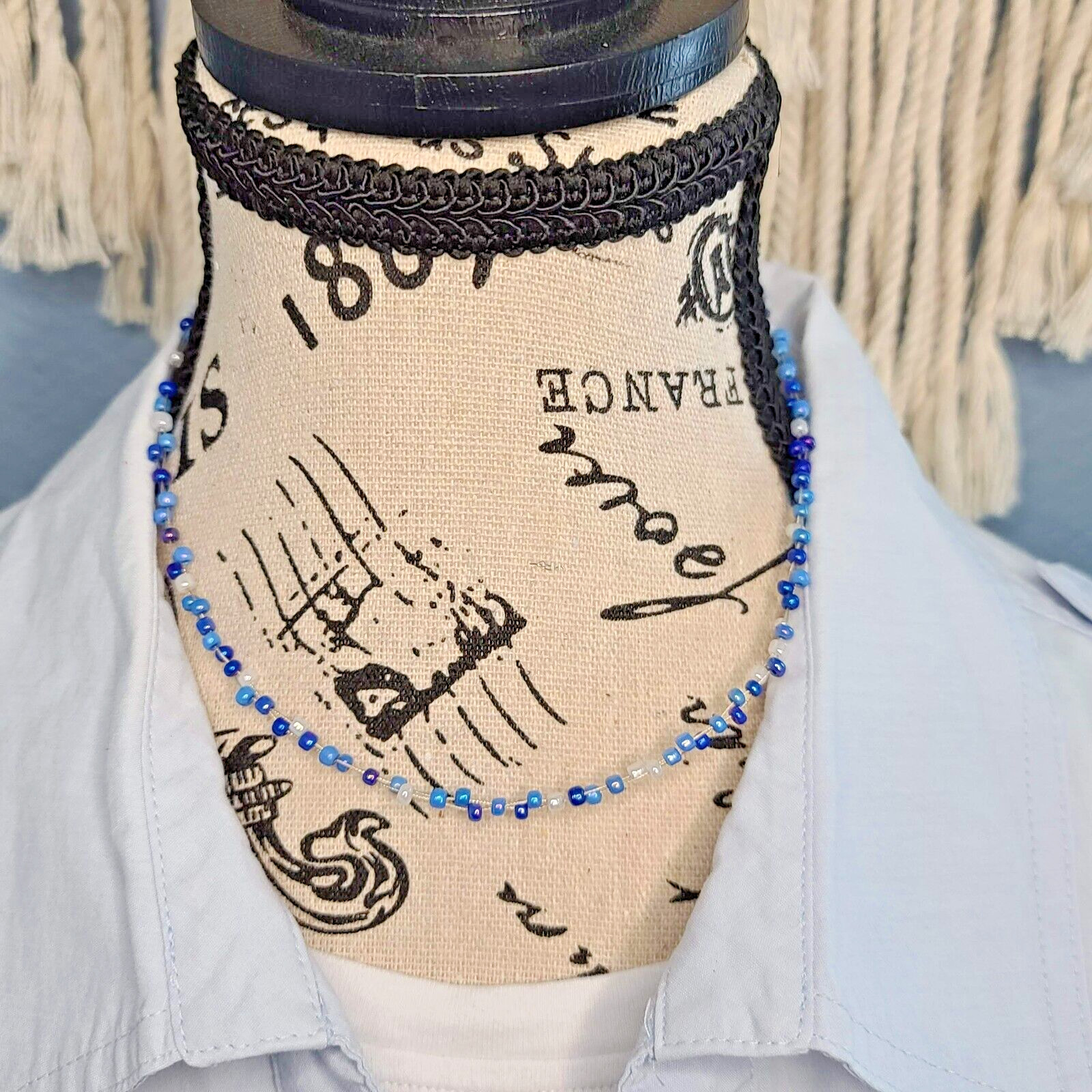Light Blue, Periwinkle & Pearly White Seed Bead Choker Necklace, 15″
