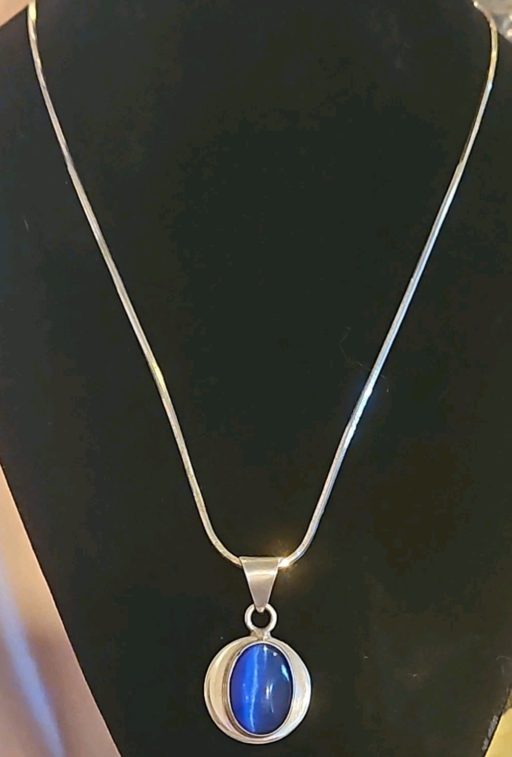Stunning Modern Style Sterling Silver & Blue Cats Eye Thermoset Pendant Taxco