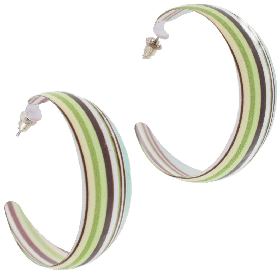 Trendy Striped Brown Green Blue Pierced Earrings Hoop Enamel 1 3/4″