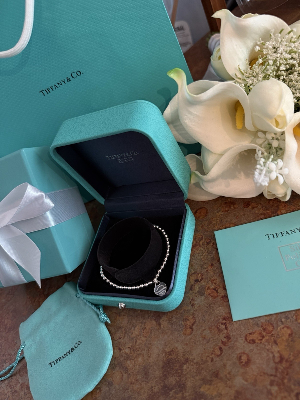 Tiffany & Co. Blue Heart Tag Bead Bracelet ( 7.5 Inches )