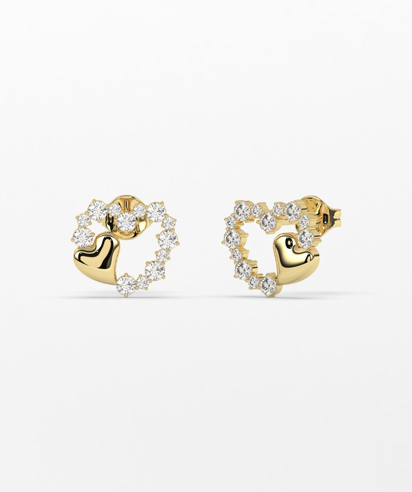 Round Cut Lab Grown Diamond 14K Gold Double Heart Diamond Stud Fine Earrings