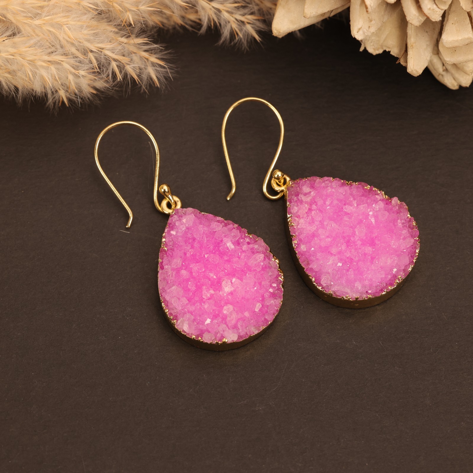 Pink Druzy Dangle Earrings | Gold Plated Brass.
