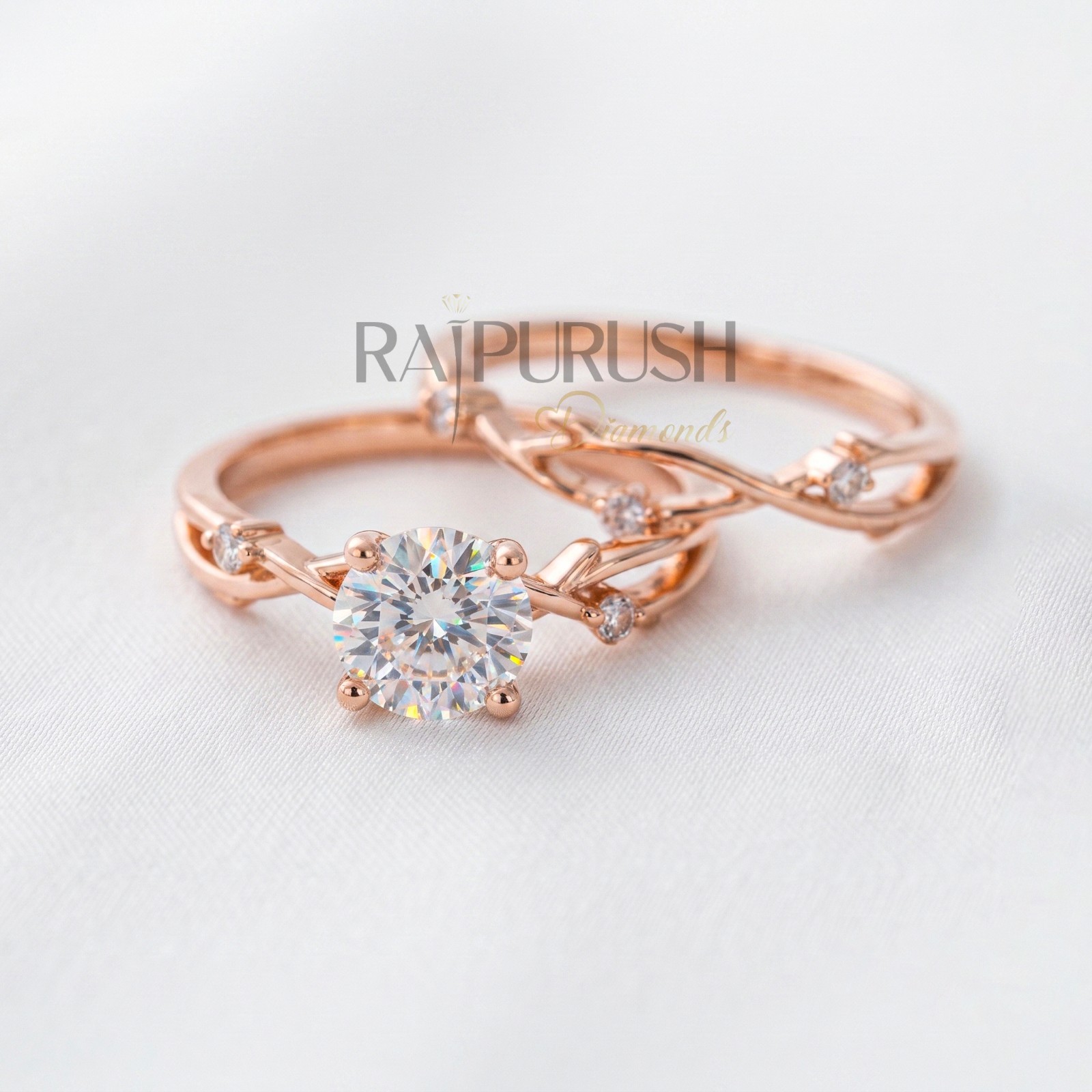 Round Moissanite Engagement Ring Set Nature-Inspired Vine Band Sterling Silver