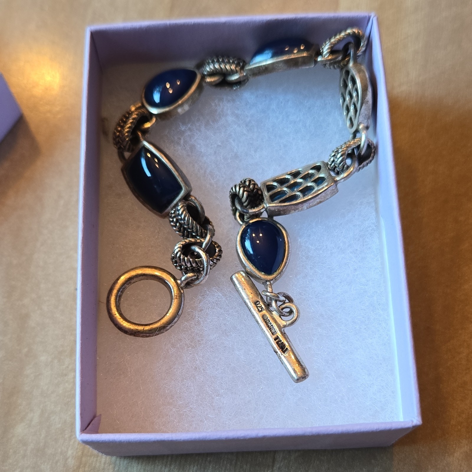 925 Sterling Silver Link Station Bracelet Oval Lapis Lazuli Bezel Toggle