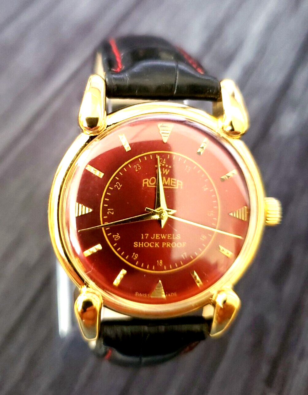 ✨Rare Roamer Brevete Swiss Mens Manual Watch Gld Red Blk