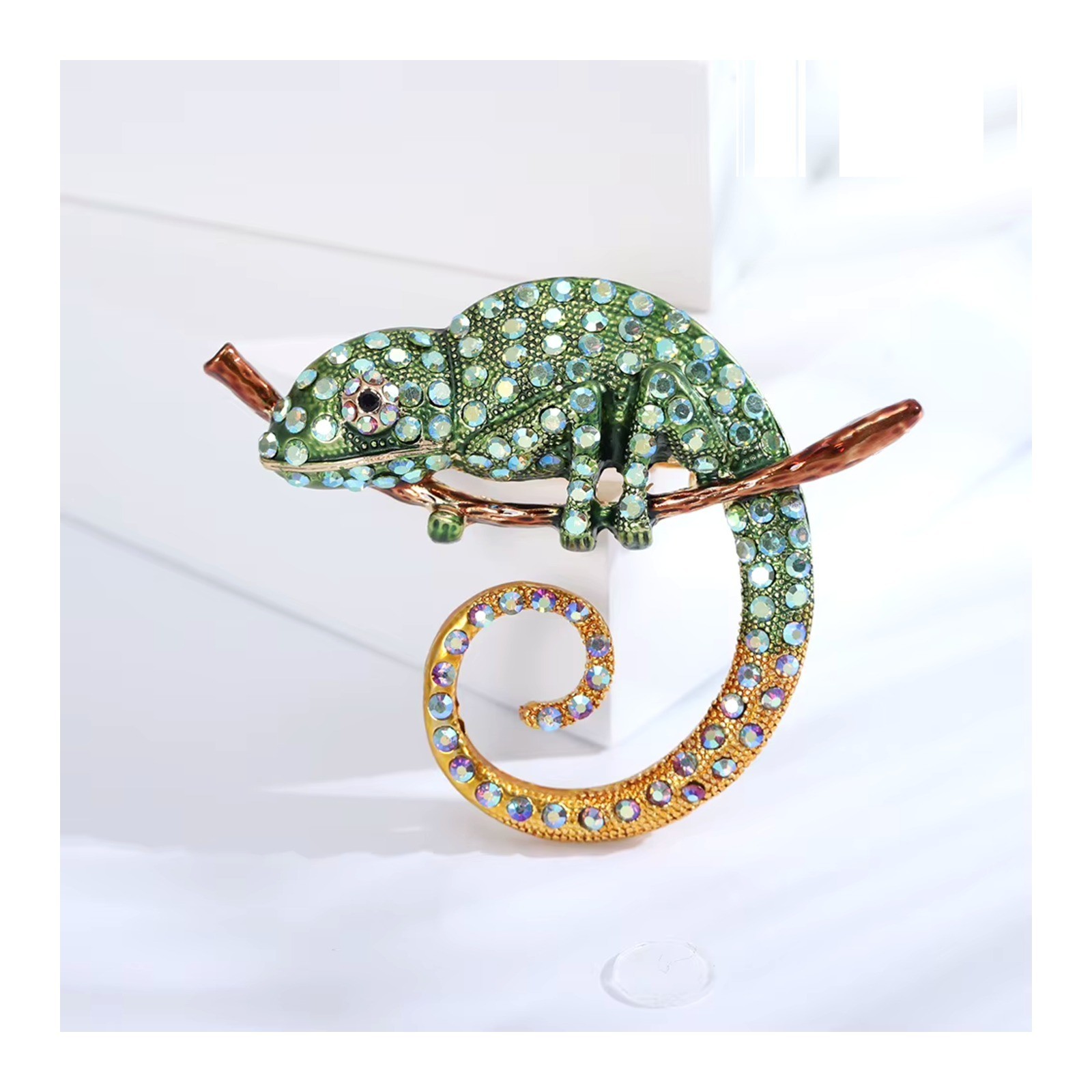 Enamel Chameleon Brooch Pin Rhinestone Crystal Animal Women Gift