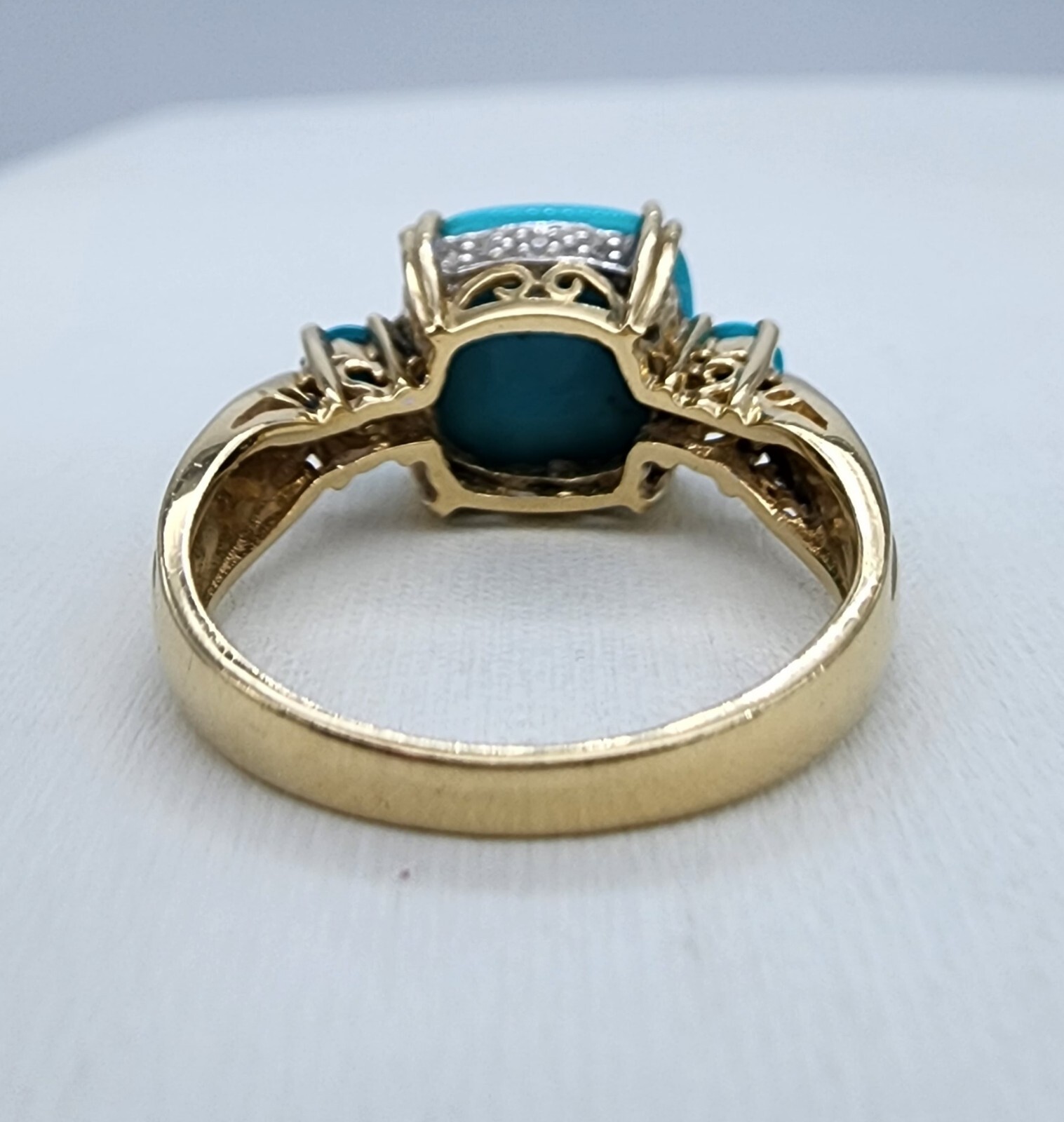 14k .585 Yellow Gold Effy Cushion Turquoise .06 ctw Diamond Sz 7 Ring Au 23231