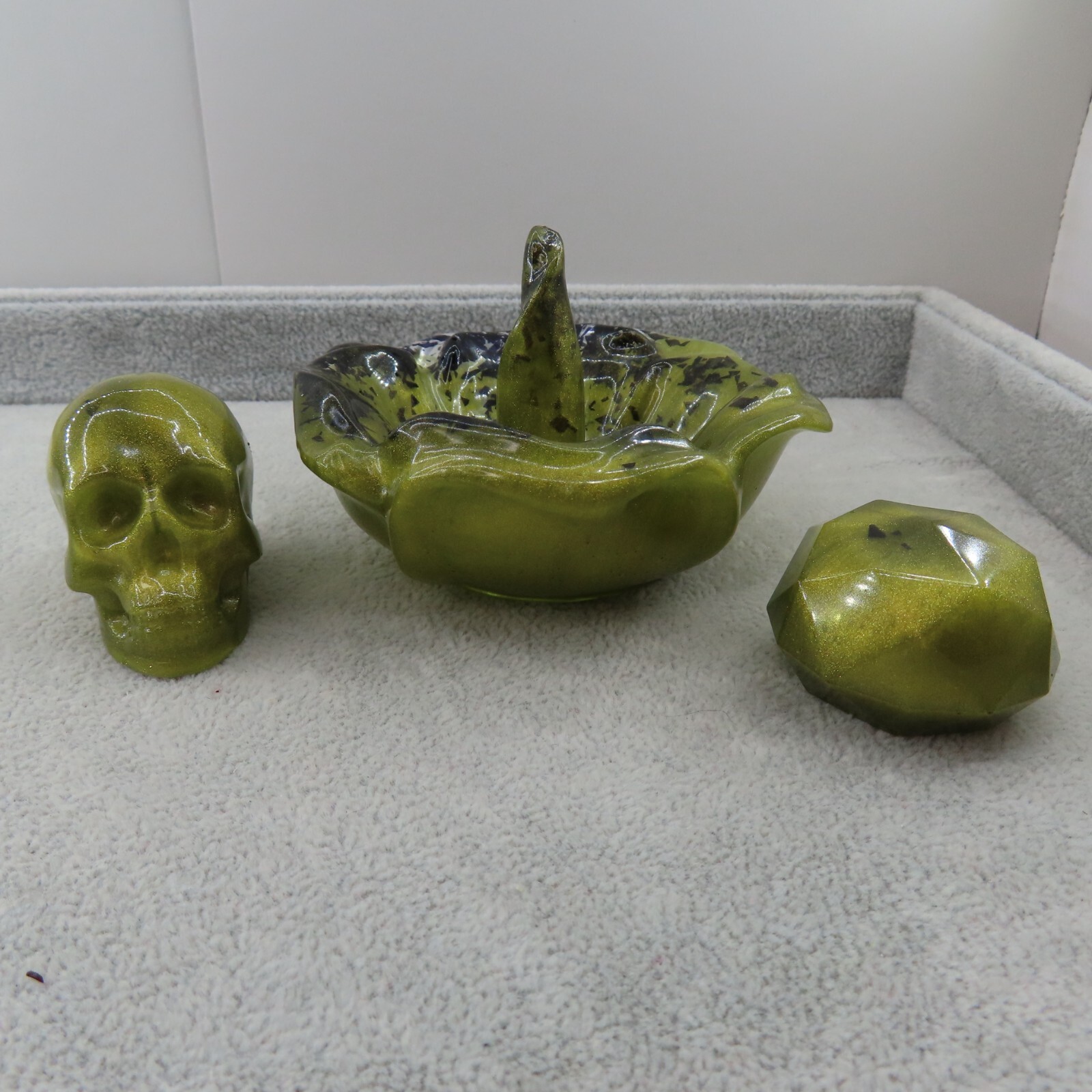 OLIVE GREEN BLACK Ring Holder Jewelry Trinket Dish Vanity Set Skull Gem Goth NEW