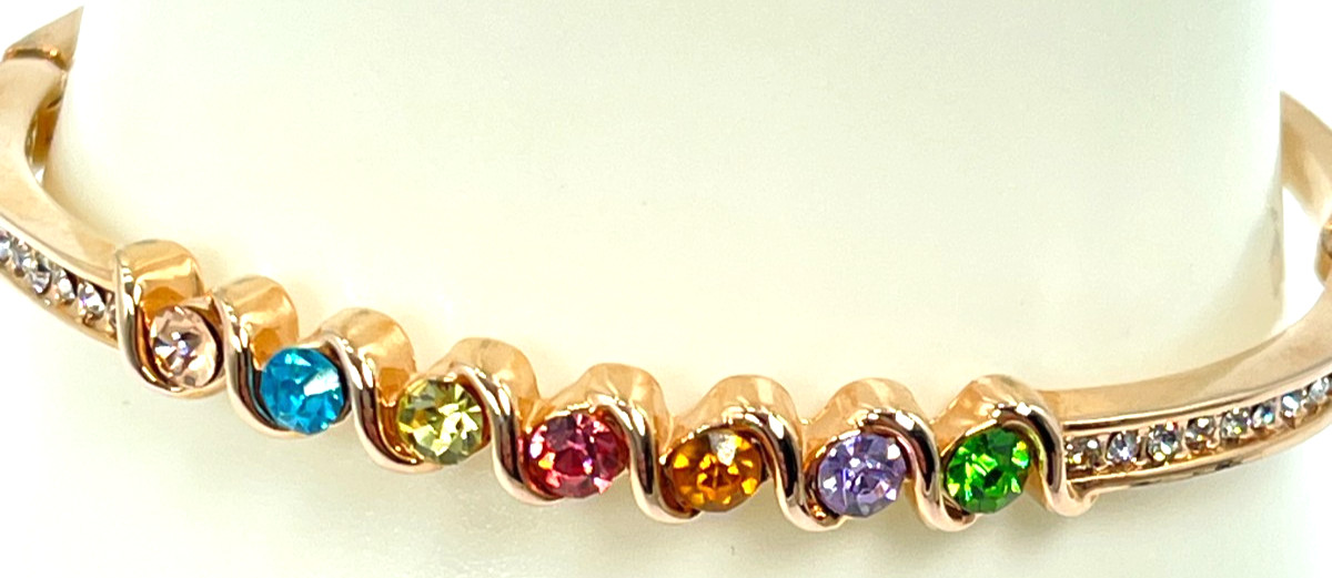 Bracelet Rose Gold Tone Hooked Bangle w/Multicolor Crystals 7″