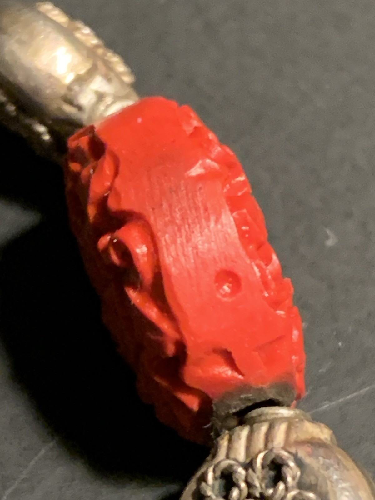 Turquoise & Carved Coral or Red Colored Bead Bracelet