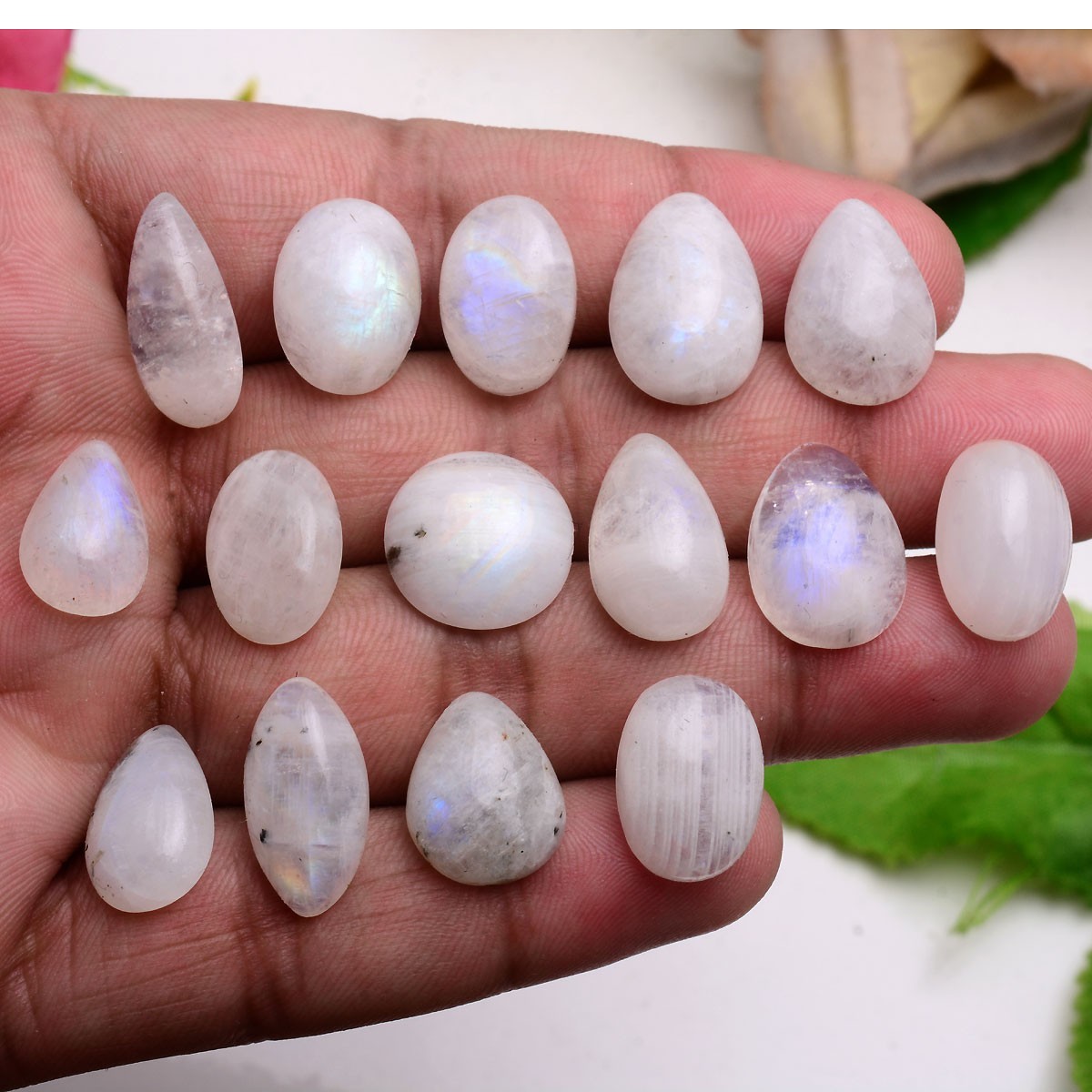 Set 15 Pcs Natural Blue Shine Moonstone Untreated 15mm-19mm Cabochon Gemstones