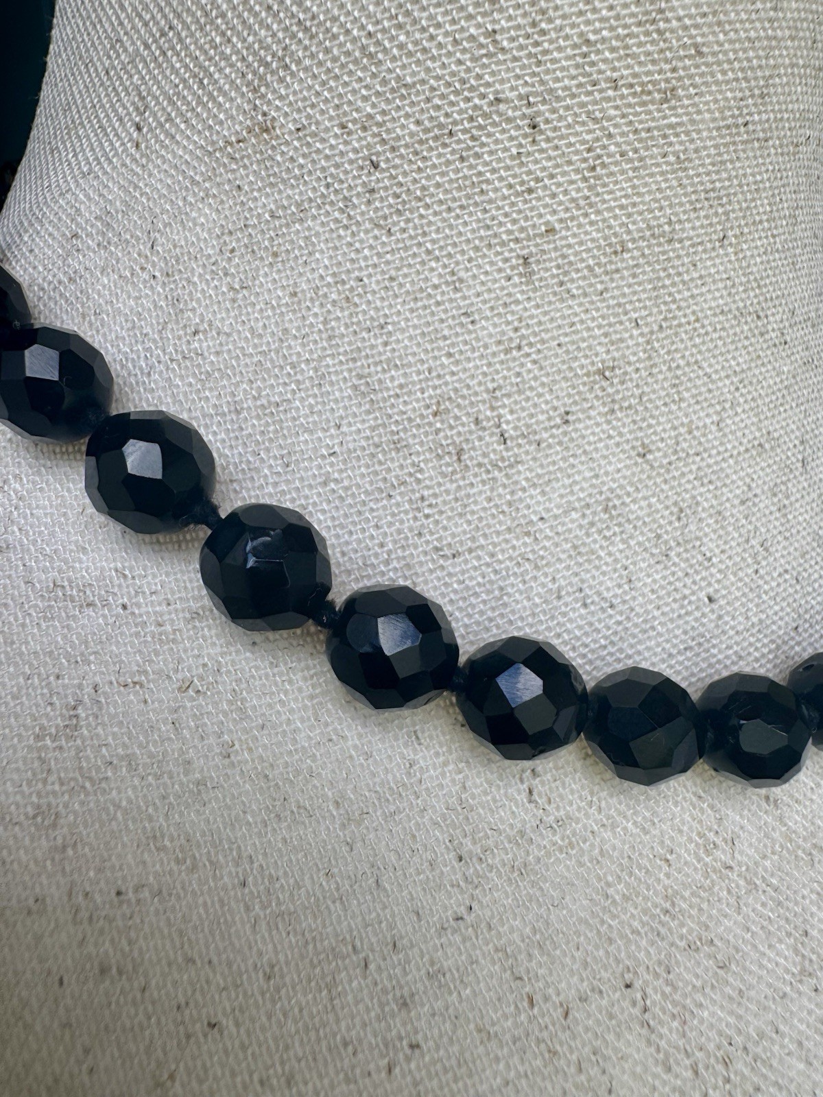 Vintage Hand-Knotted Faceted Black Glass Bead Necklace Fishhook Clasp 42.82g