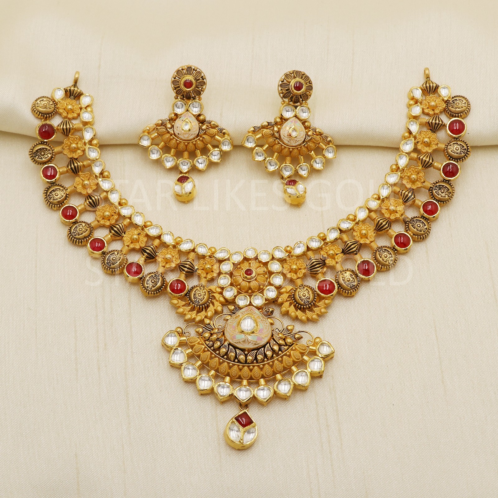 22K Yellow Gold Kundan Meenakari Choker Necklace Earrings Set Bridal 50.5g