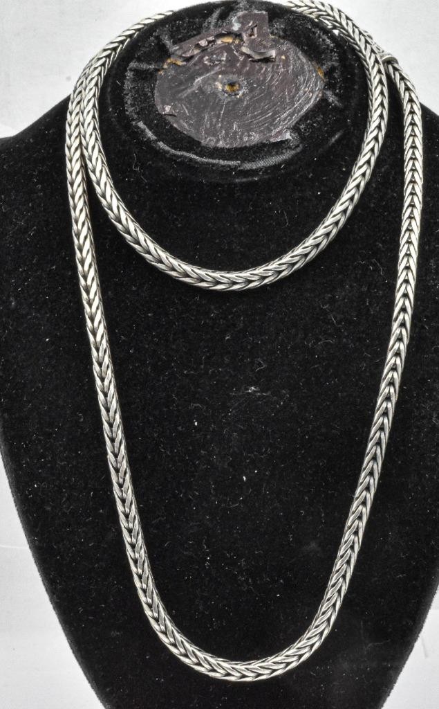 Vintage Sterling Silver signed ‘K’ 4mm wide 24″ long Square WHEAT SPIGA Necklace