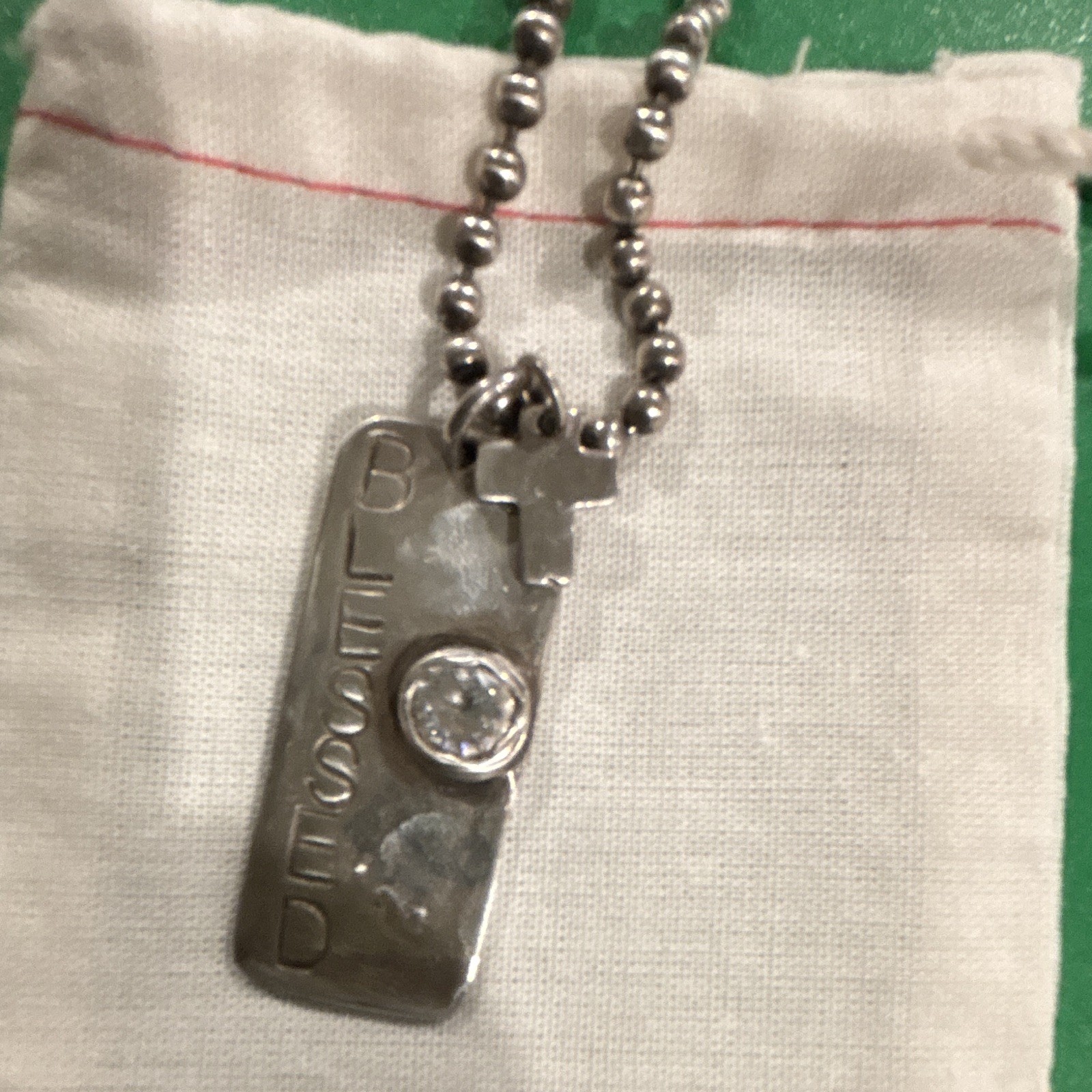 Silver Tone Ball/Bead Chain Necklace Blessed Dog Tag Cross Charm Clear Crystal