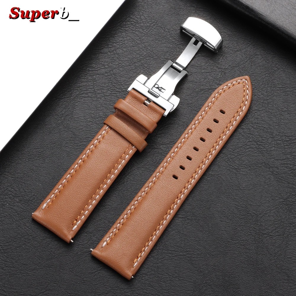 Genuine Calfskin Leather Watch Band 20mm 22mm 24mm Butterfly Buckle Strap