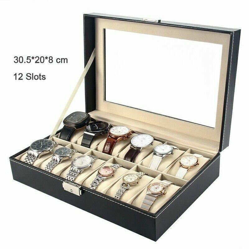 Mens Watch Box Display Case Storage Organiser PU Leather Holder Glass Top Gift