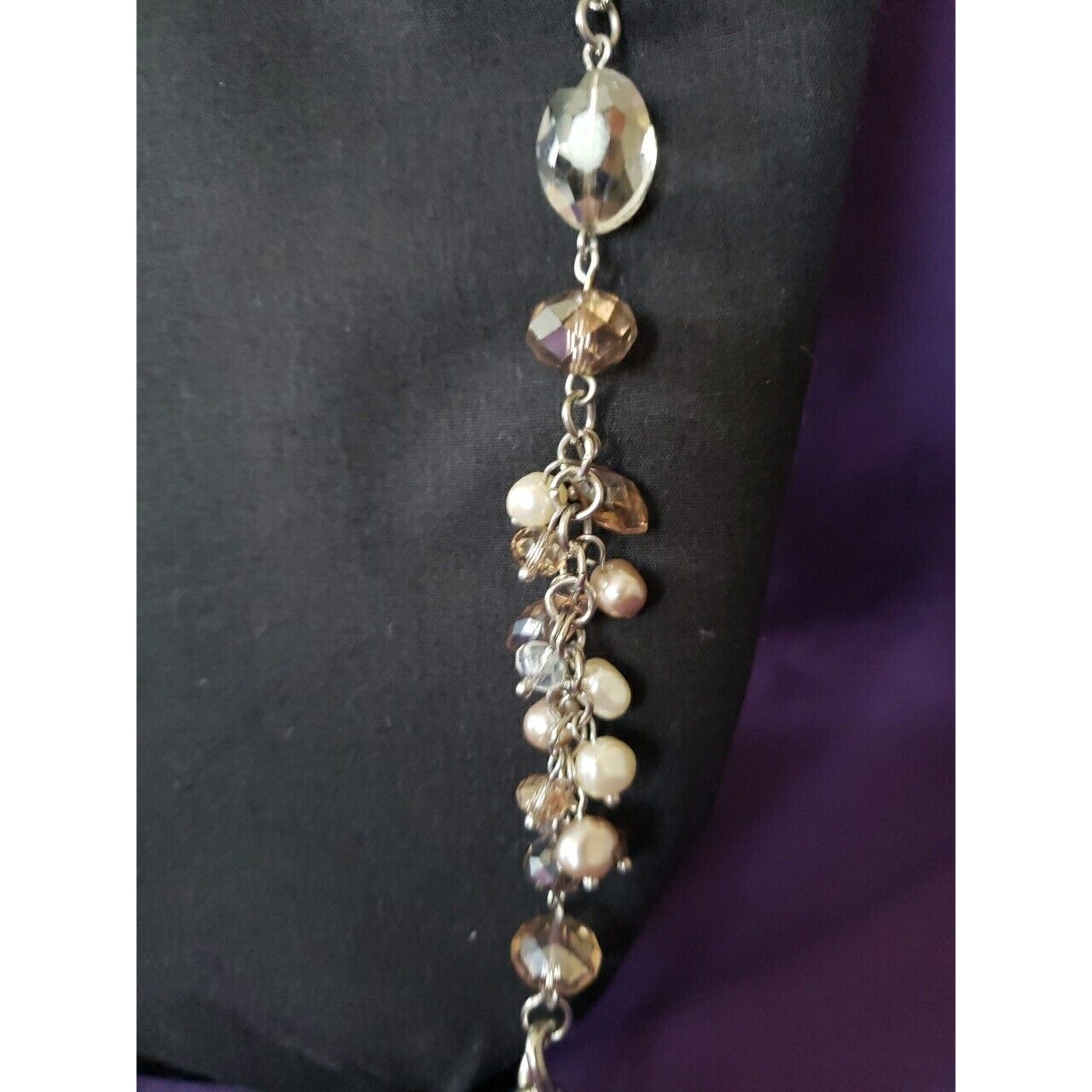 Long Silver Tone Glass Crystal Asymmetrical Necklace, Faux Pearl & Bead Baubles