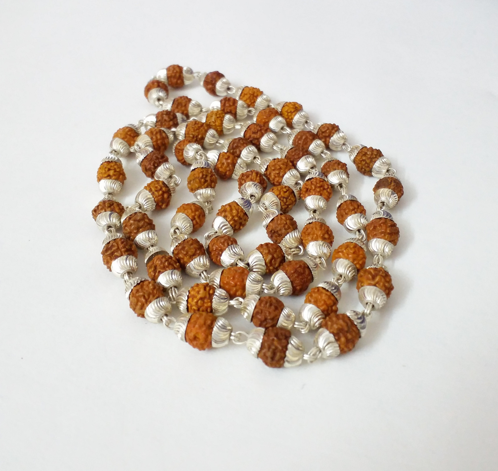 Rudraksh Beads Silver Necklace Chain Mala Handmade Jewelry use for Meditatio