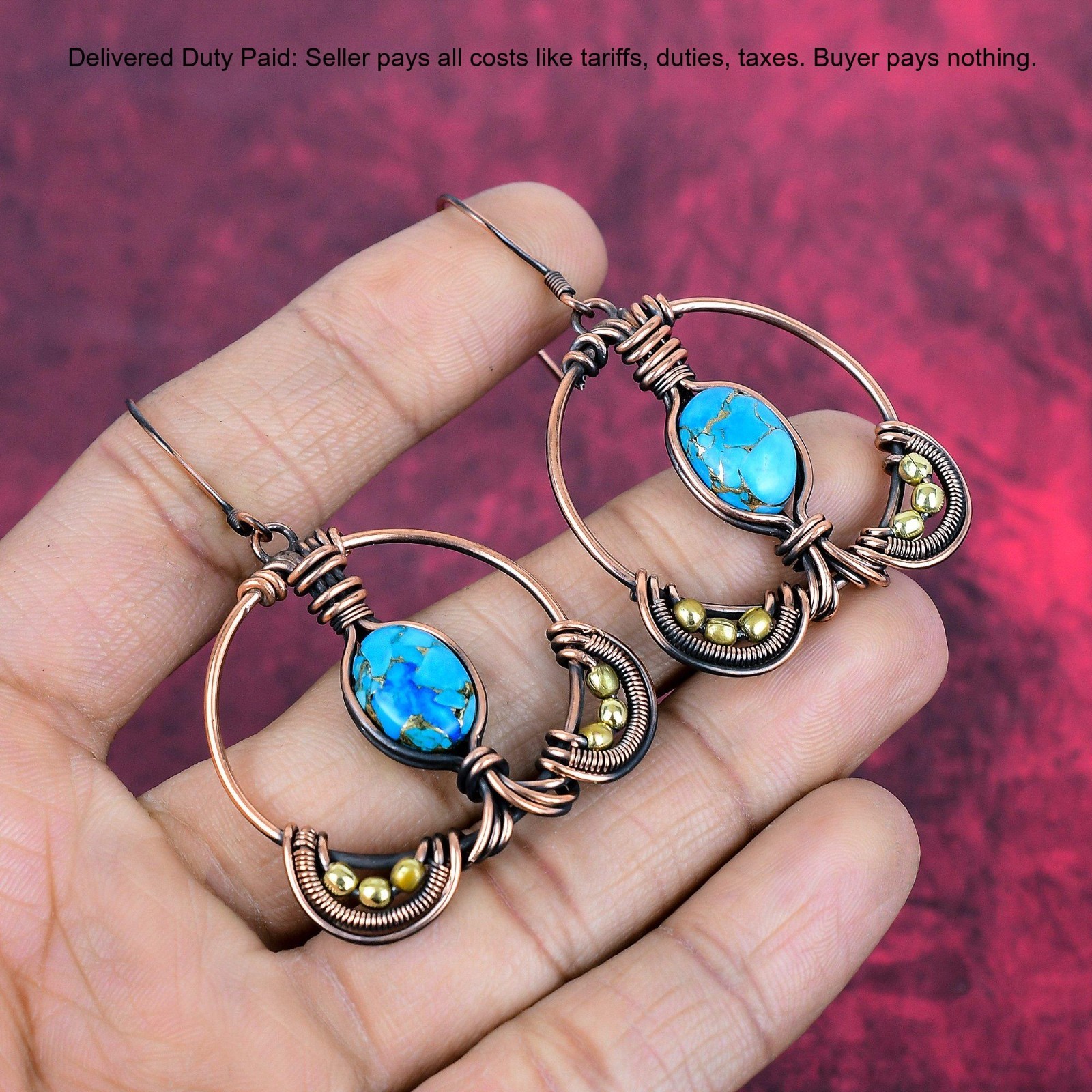 Copper Copper Blue Turquoise Stone Wife Wire Wrapped Drop Hook Earrings Jewelry
