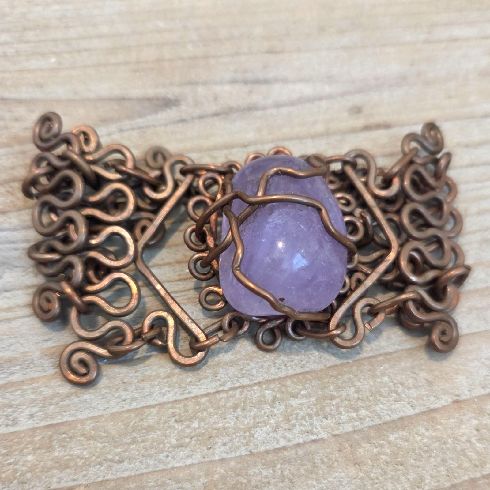 Amethyst Gemstone Brass Tone Wire Wrapped Handmade Artisan 7″ Hook Bracelet