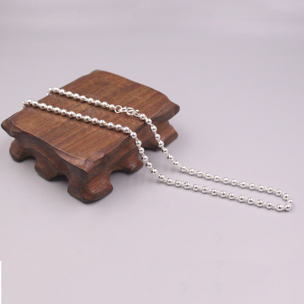 Real 999 Pure Silver Necklace Men Women 3mm Polish Beaded Link Chain 16.9inchL