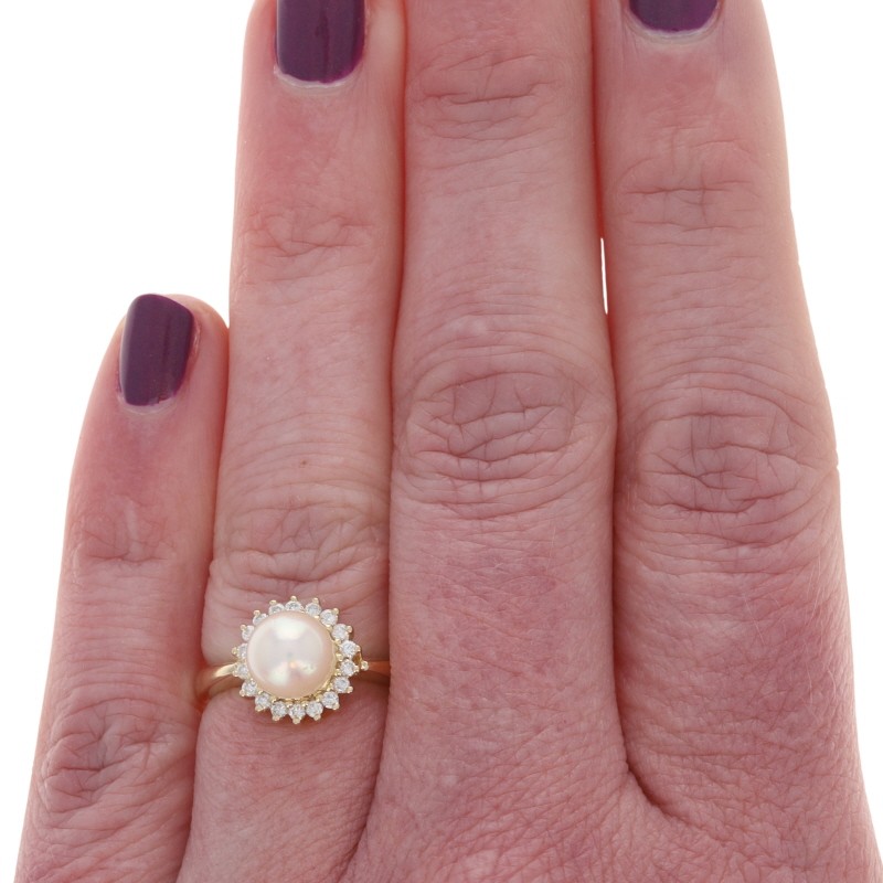 Yellow Gold Pearl Diamond Halo Ring – 14k .20ctw