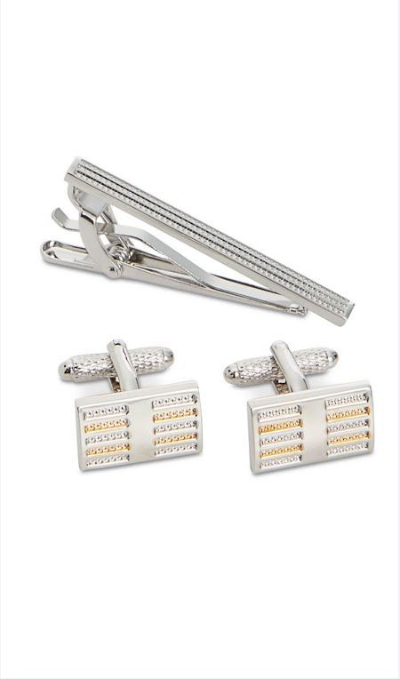 Perry Ellis Men’s Golden Beam Cuff Links & Tie Bar Set, Silver w/gold (orig $45)