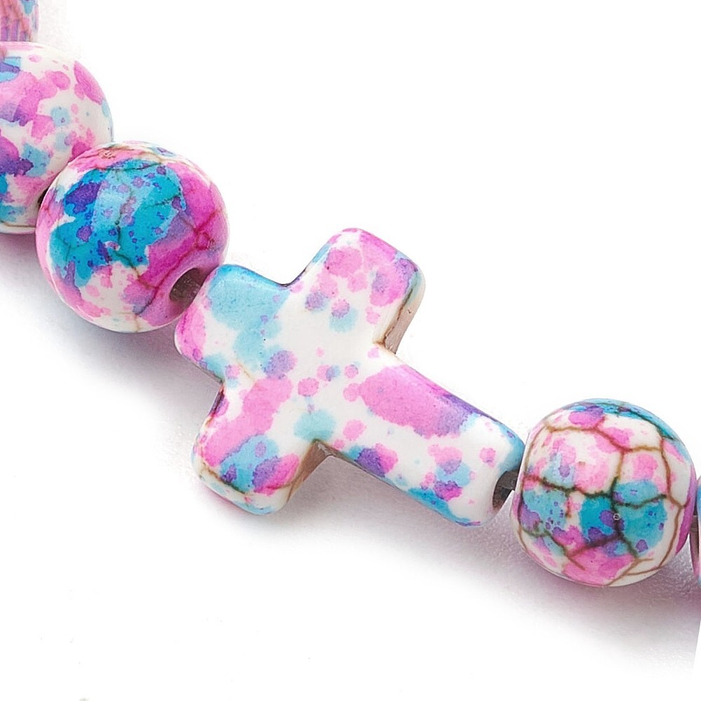 Synthetic Dyed Turquoise Beaded Stretch Bracelet with Cross, 6 mm Beads