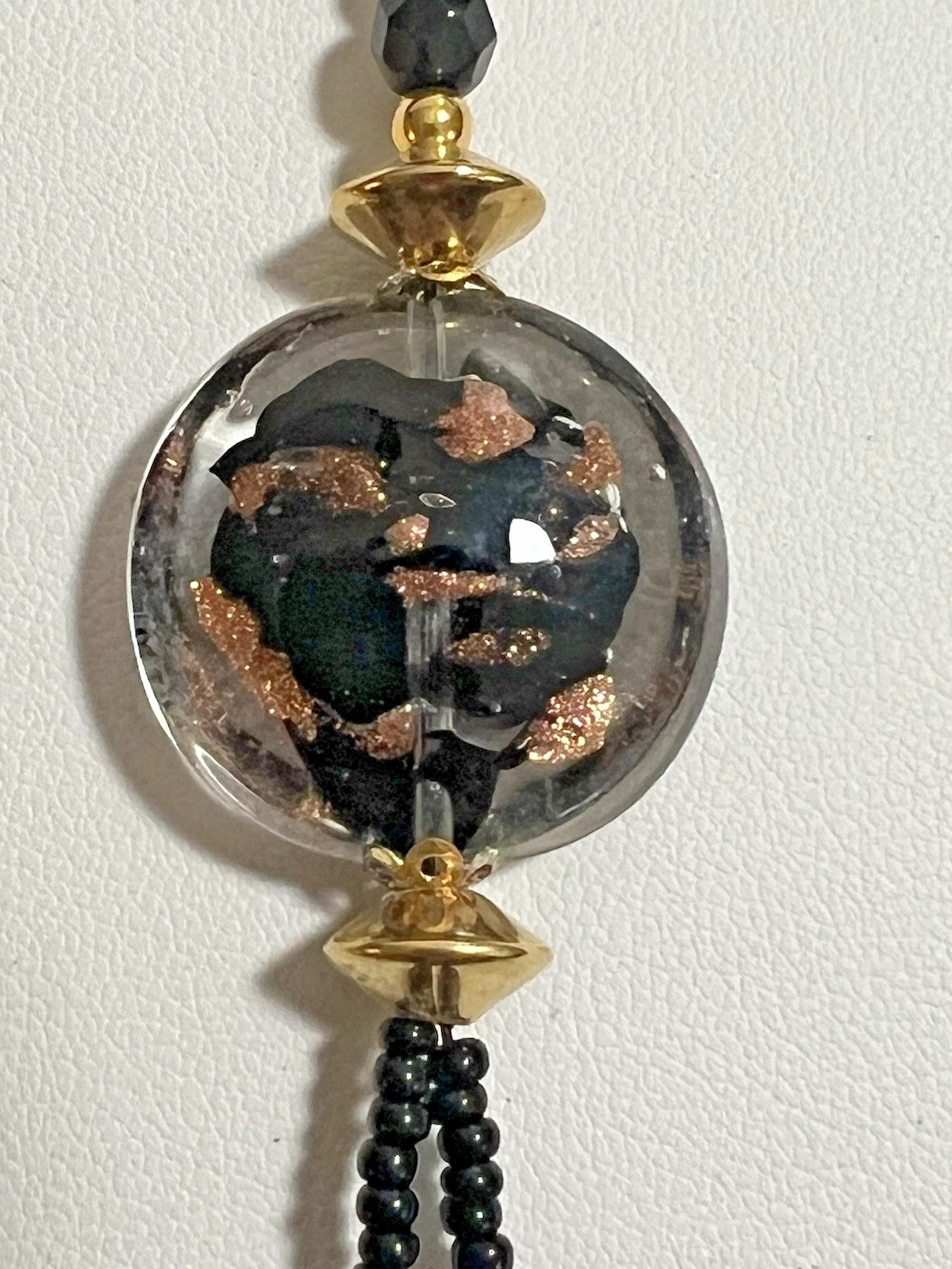 Vintage Venetian Murano Art Glass Beaded Black and Gold Necklace 18″ LARIAT