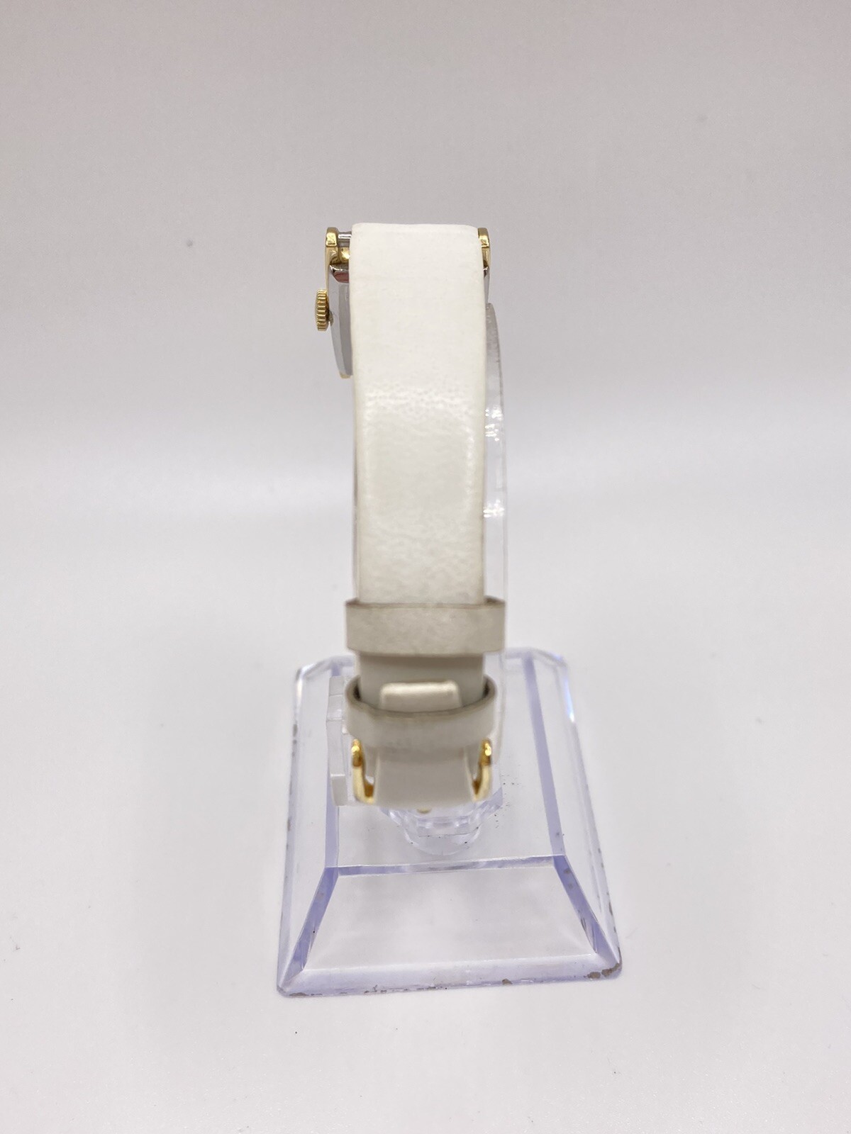 Vintage Seiko 5370R Ladies Gold Tone Bezel White Leather Calf Skin Strap Watch