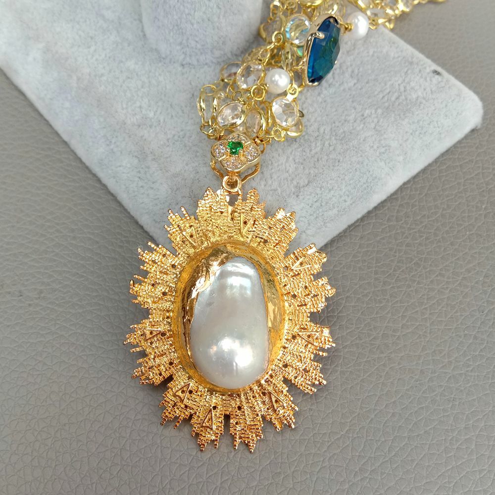 23” 4 Strands Crystal Chain Necklace Keshi Pearl Yellow Gold Plated Pendant