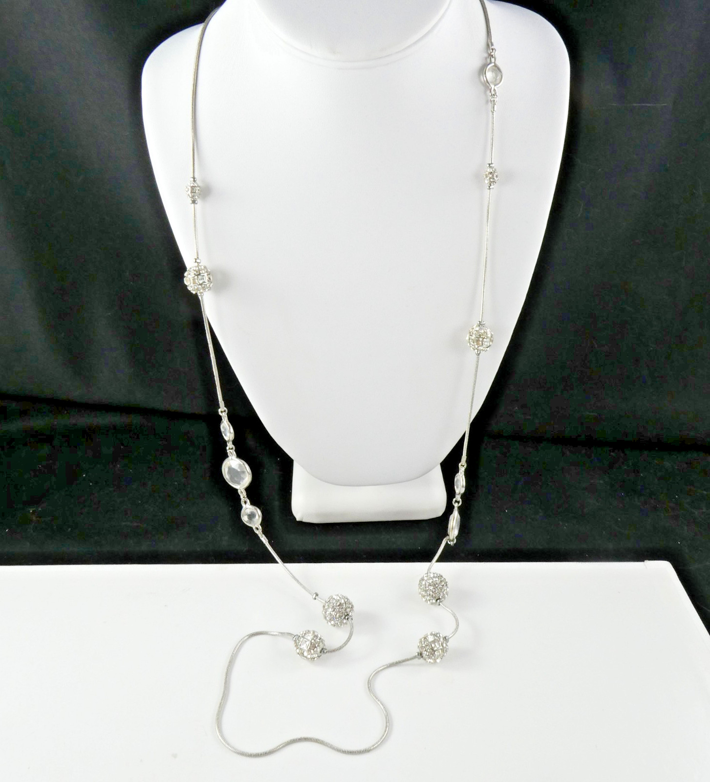 Pretty CHICO’S Silver Tone Crystal Rhinestone Ball Bead Long Strand Necklace