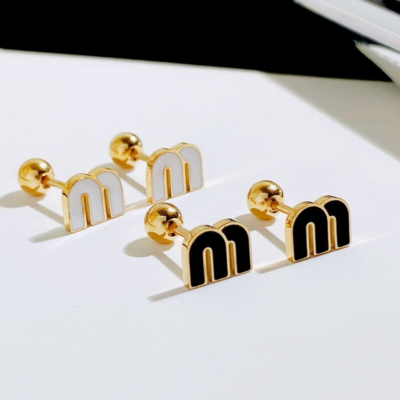 Dainty Black Letter M Charm Stud Earrings Stianless steel