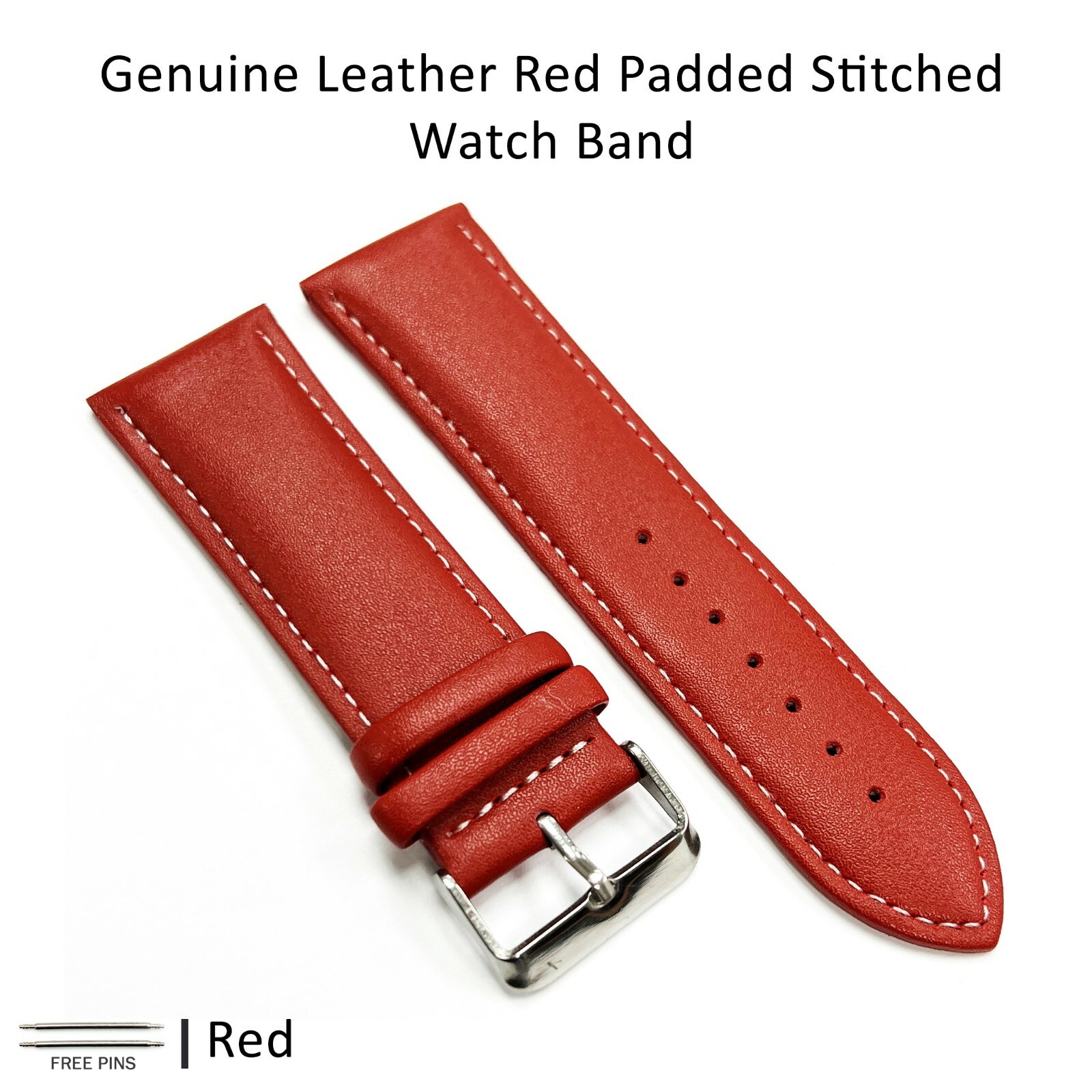 Genuine Leather Red Color Watch Band 12 MM to 30 MM Red & White Stitched