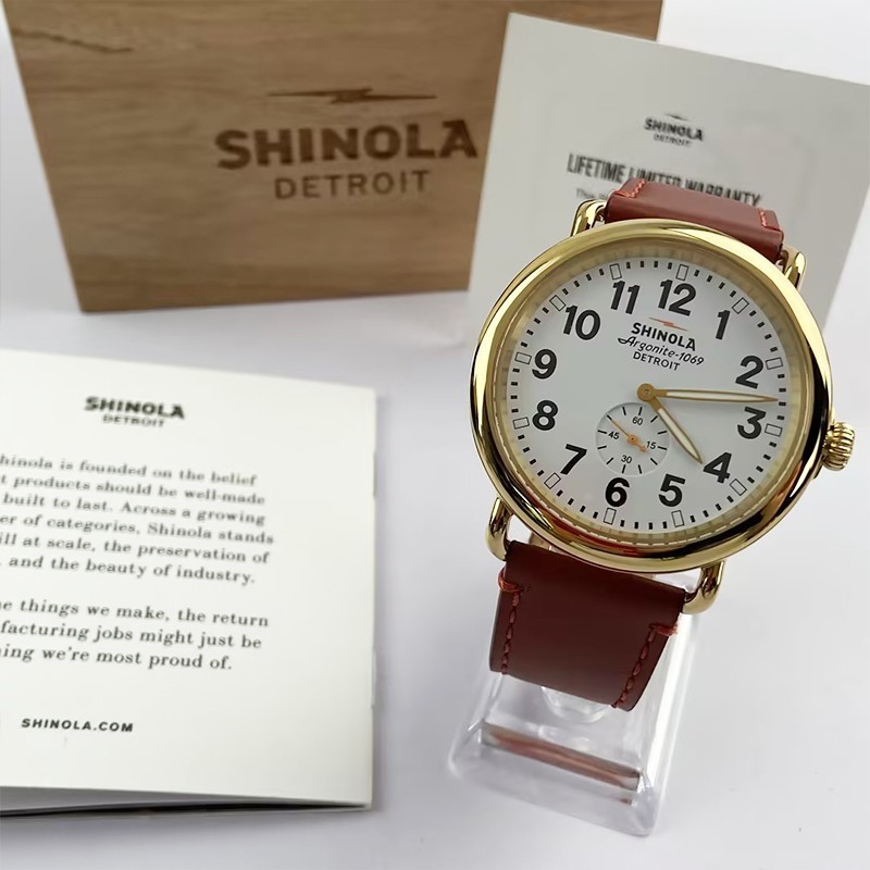 Men Shinola Runwell Argonite 1069 White Dial Gold Case Quartz Watch 47mm Leather